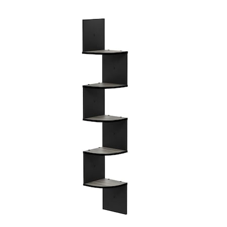 Furinno FR16122GYW-BK 5 Tier Wall Mount Floating Radial Corner ShelfFrench Oak Grey & Black FR16122GYW/BK